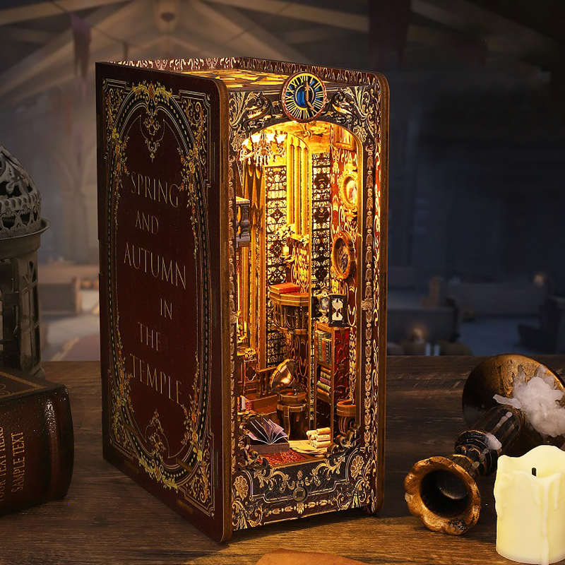 DIY Book Nook Kit Miniaturowy domek dla lalek z oświetleniem LED Puzzle 3D Model budynku Drewniana półka na książki Zabawka dla dorosłych Prezent urodzinowy