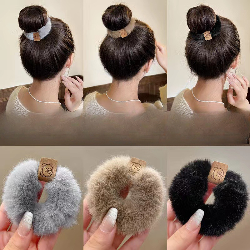 Outono e inverno remendo de pelúcia urso toalha anel laço de cabelo estilo coreano acessórios para o cabelo bandana grosso alta elástica corda de cabelo