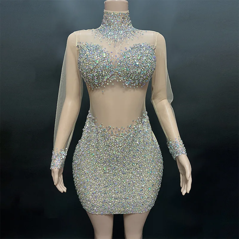 Vestido de lentejuelas plateadas brillantes para mujer, vestido Sexy de manga larga transparente, vestido de noche de lujo para cumpleaños, espectáculo de cantante, Vestido corto