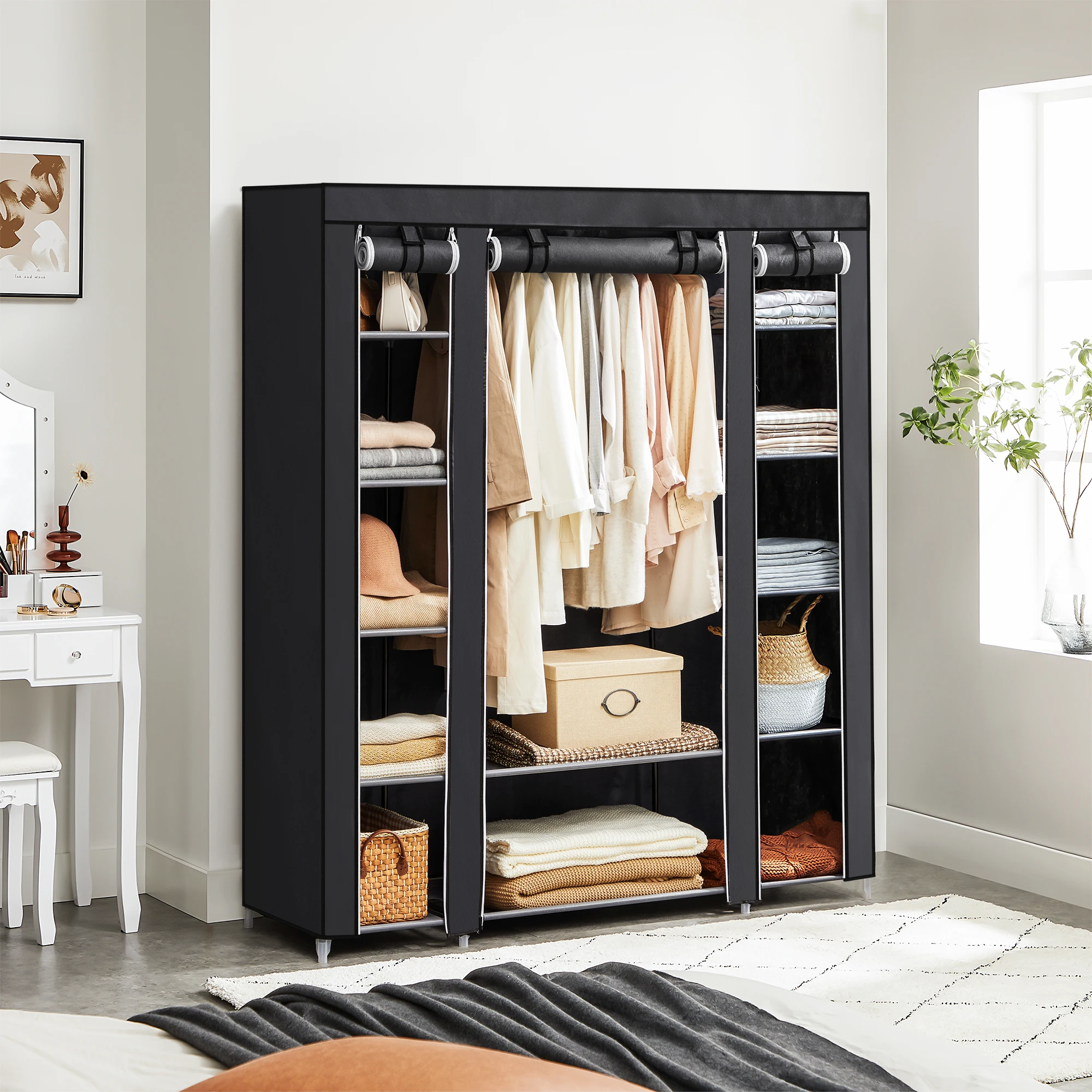 SONGMICS Armoire de Rangement en Tissu, Penderie avec Housse, Placard, Garde-robe, 45 x 150 x 175 cm, 12 Compartiments, Cadre en Métal, pour Chambre, Vestiaire, Noir