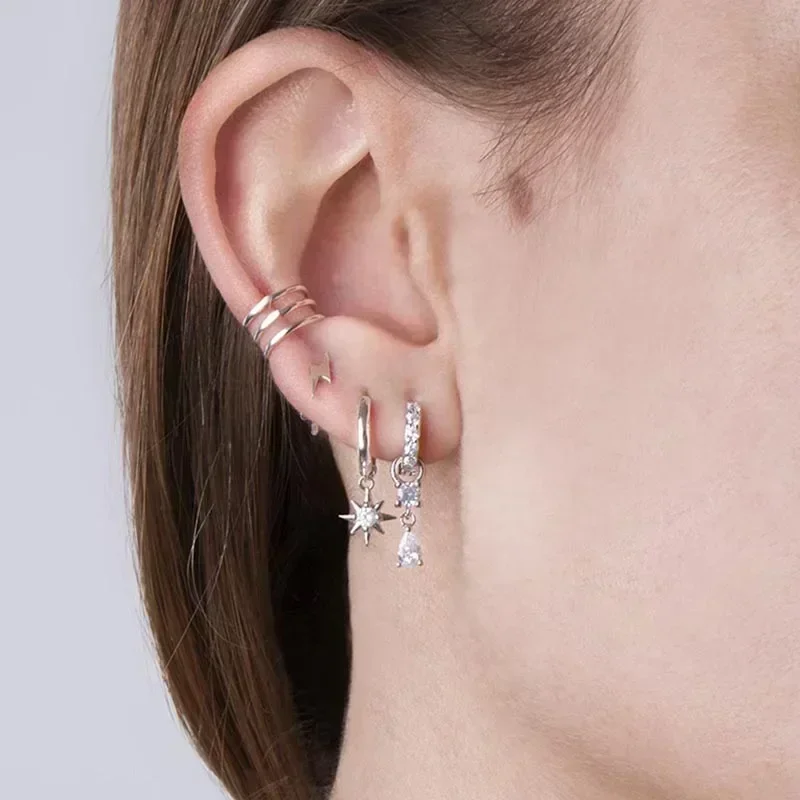 Boucles d'oreilles en argent Sterling 925, aiguille d'oreille, cerceau à la mode, cristal blanc, boucles d'oreilles de luxe pour femmes, bijoux cadeau de mariage pour femmes