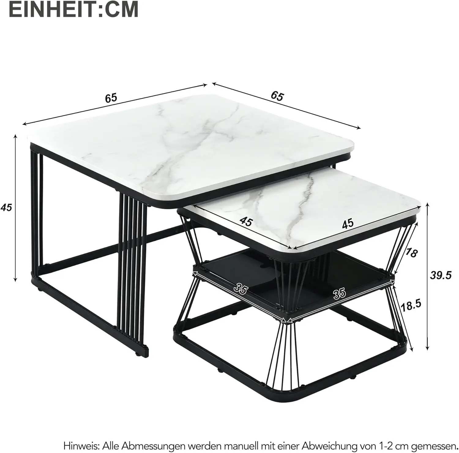 Merax Quadratisch Couchtisch 2er Set, Moderner Wohnzimmertisch mit Marmormuster, Matt Satztisch mit Storage,