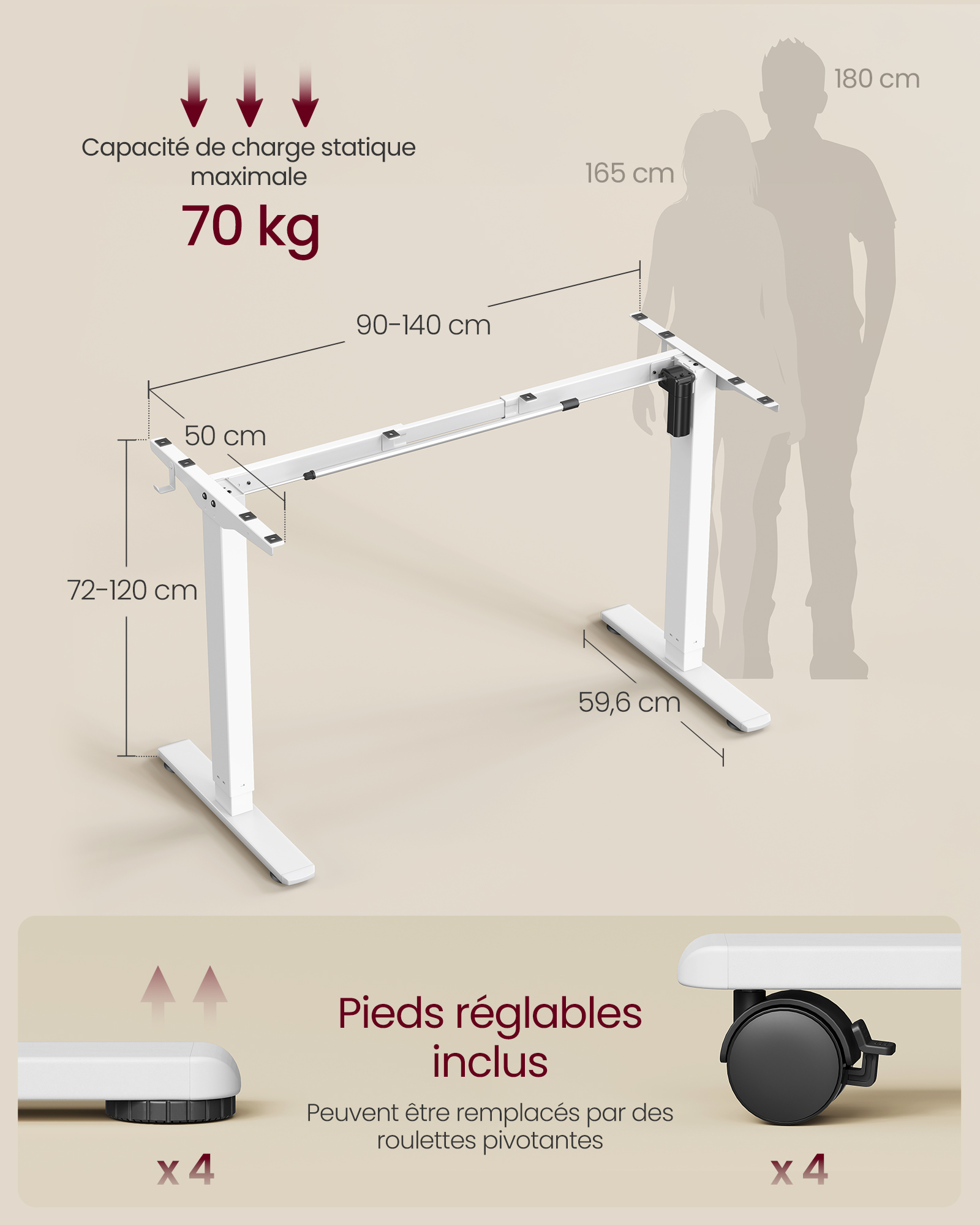 Bureau Électrique Réglable en Hauteur,  sans Plateau de Table, avec 2 Crochets, Fonction Mémoire 3 Hauteurs, Acier, Blanc Mat