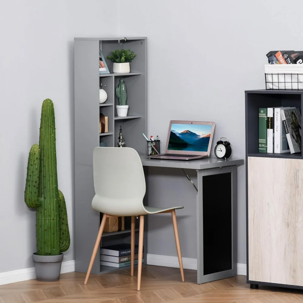 Fold-Out Convertible Writing Table Wall Mount Desk Cabinet with Blackboard and Side Shelf Multi-Function Home Office Work