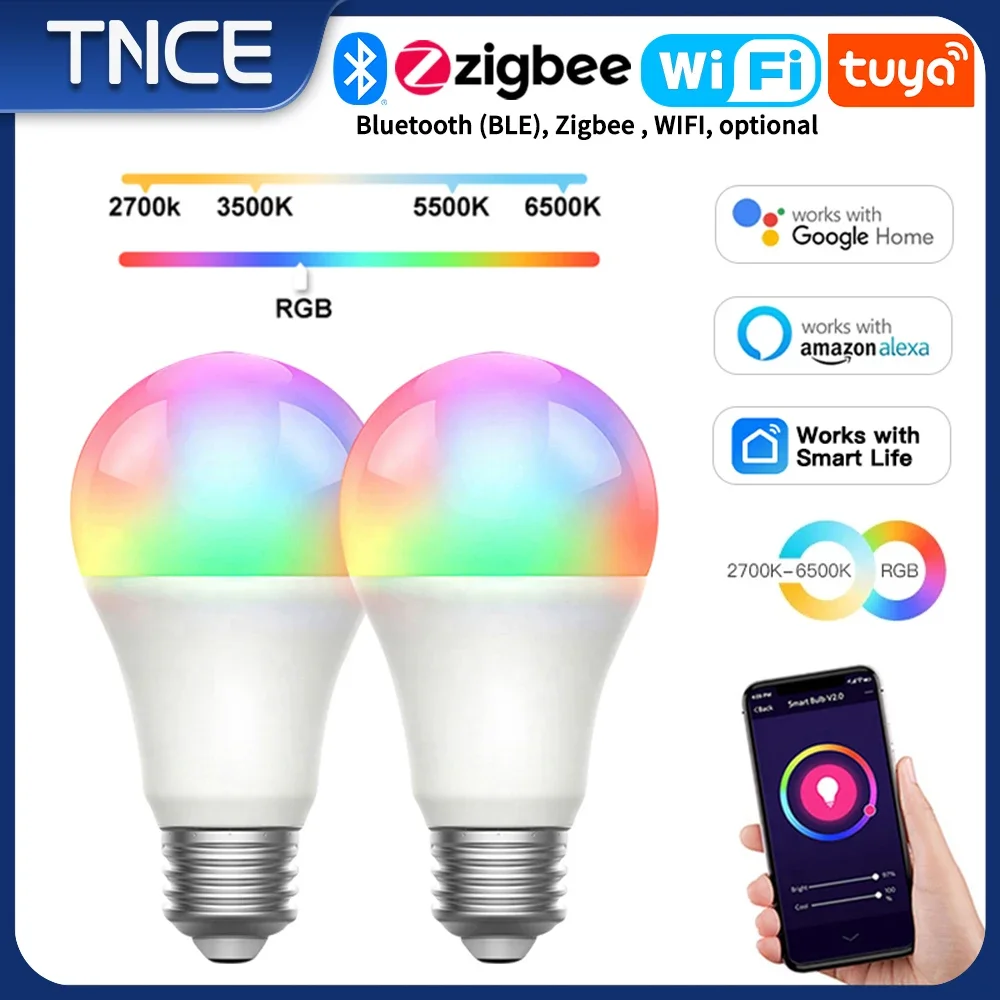 TNCE Tuya E27 Bombilla con Bluetooth/WIFI/Zigbee, luz LED regulable, 2700-6500k RGB, aplicación Smart Life, voz con Alexa Google Home