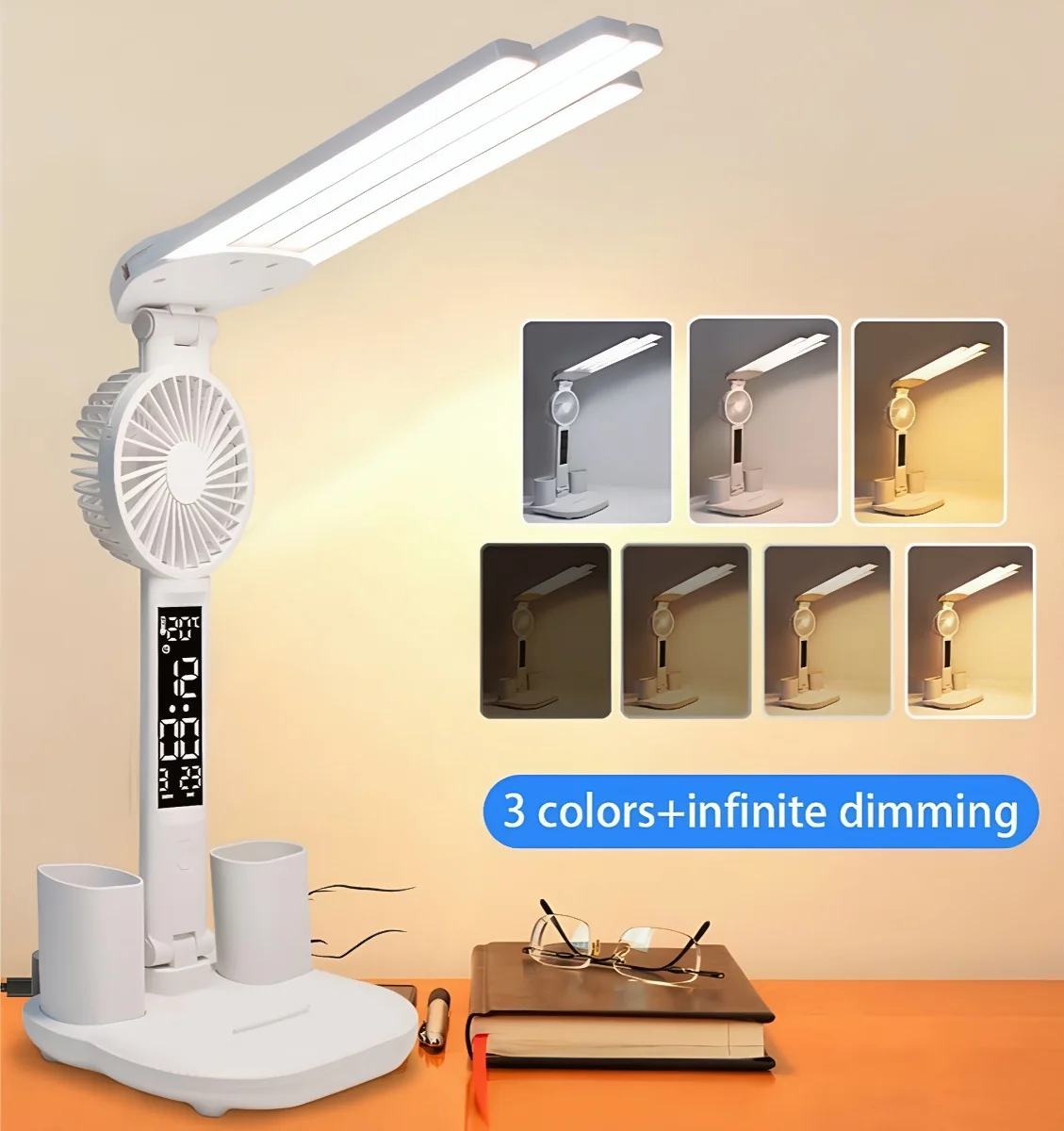 Candeeiro de mesa LED de 3 cores com ventilador e relógio Quatro cabeças dobrável com carregamento USB Lâmpada de mesa multifuncional para leitura luz noturna