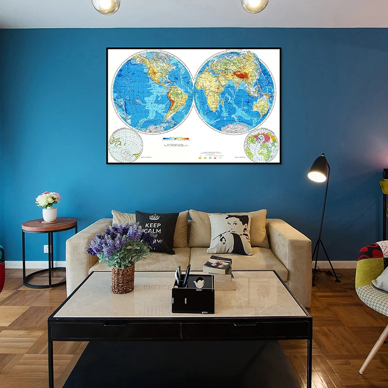 Lienzo de 84x59cm para decoración del hogar, póster de Atlas personalizado pequeño mapa del mundo ruso, suministros para la escuela y la Oficina