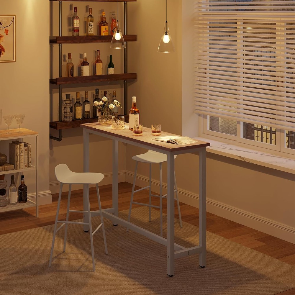 Mesa de bar, mesa de bistró, mesa de comedor, estructura de metal, MDF, 140x40x100 cm, roble + blanco