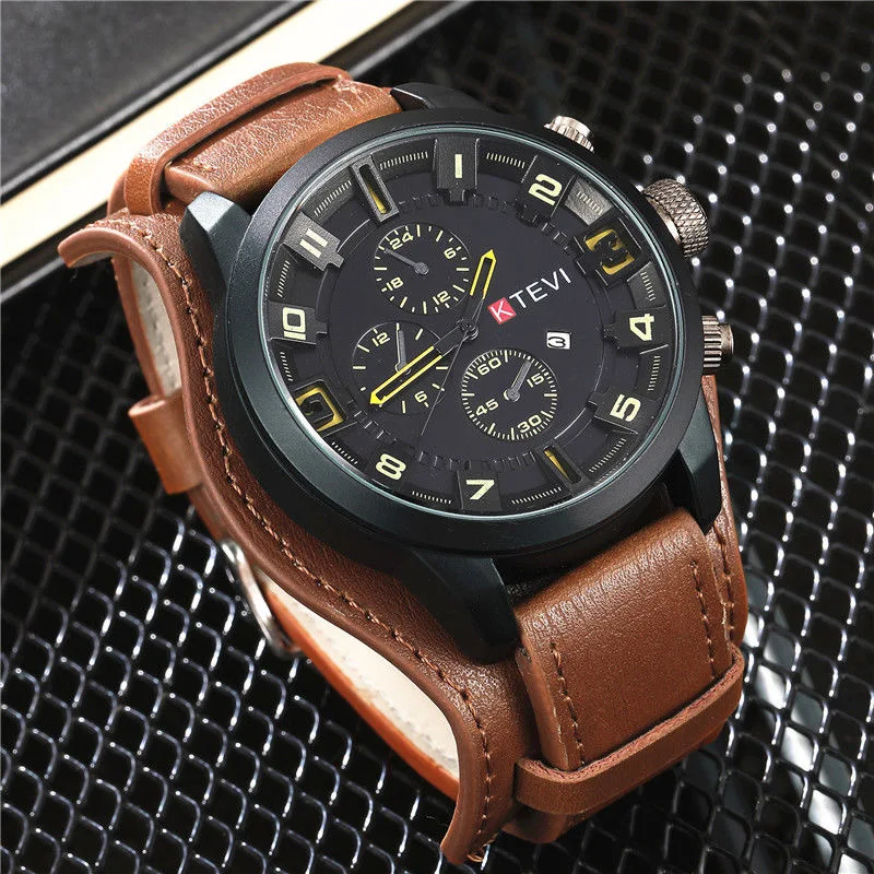 Retro นาฬิกาผู้ชาย High-end Luxury Man นาฬิกาสายหนัง PU วันที่ธุรกิจควอตซ์นาฬิกา Big Dial ทหารนาฬิกาข้อมือยุทธวิธี