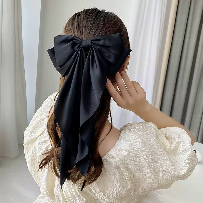 Elegante sólido grande arco fita grampo de cabelo para mulheres menina doce headbands cetim macio hairpin moda acessórios para o cabelo