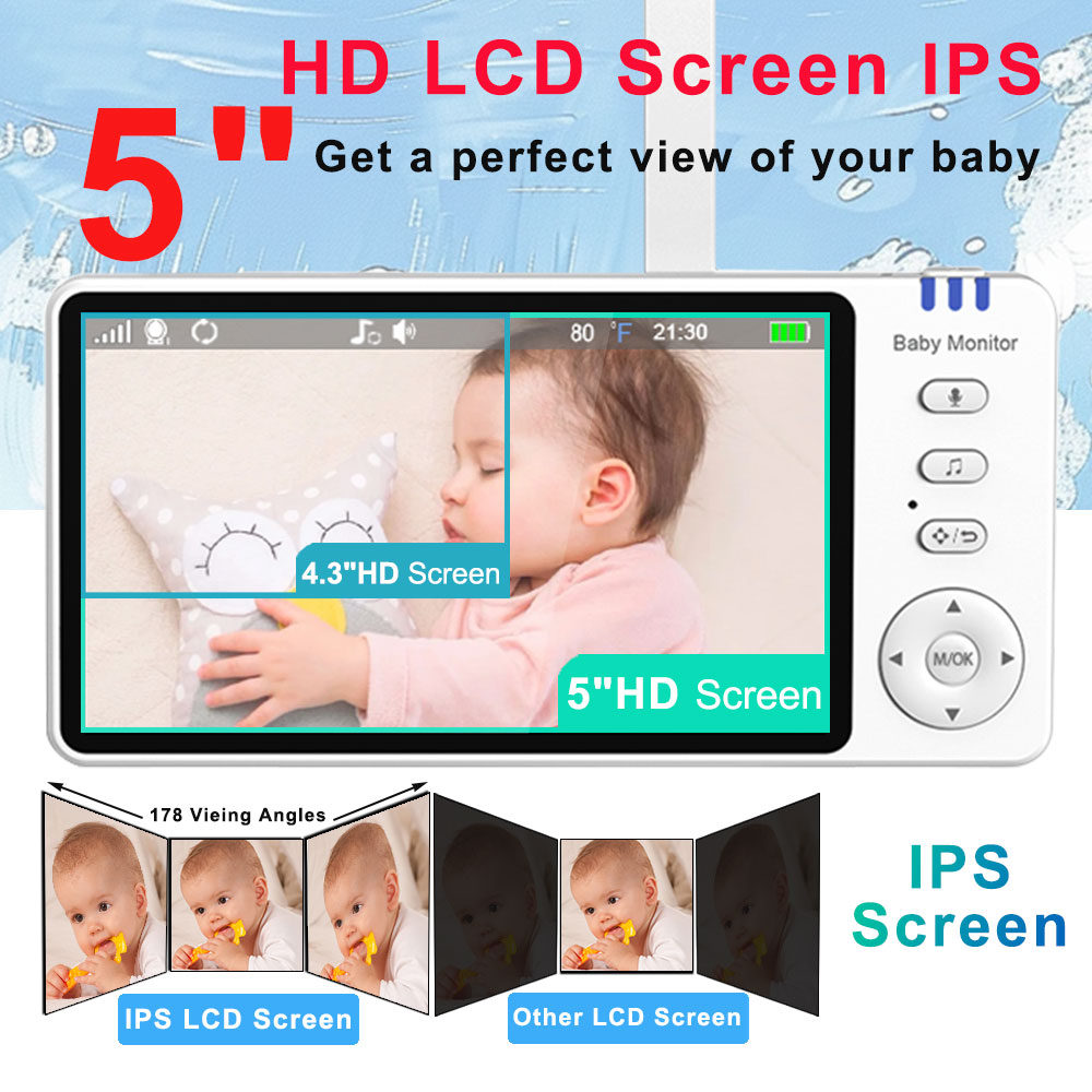 Monitor de vídeo para bebé de 5 "IPS con cámara Pan Tilt para niños Audio inalámbrico bidireccional visión nocturna seguridad niñera VOX despertador carga USB