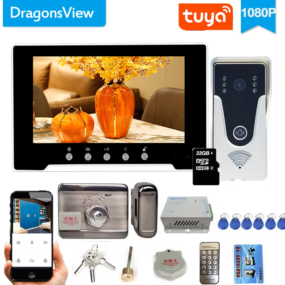 Dragonsview-videoportero Wifi de 7 pulgadas con cerradura, sistema de intercomunicación inalámbrico para puerta, timbre de desbloqueo con grabación de cámara