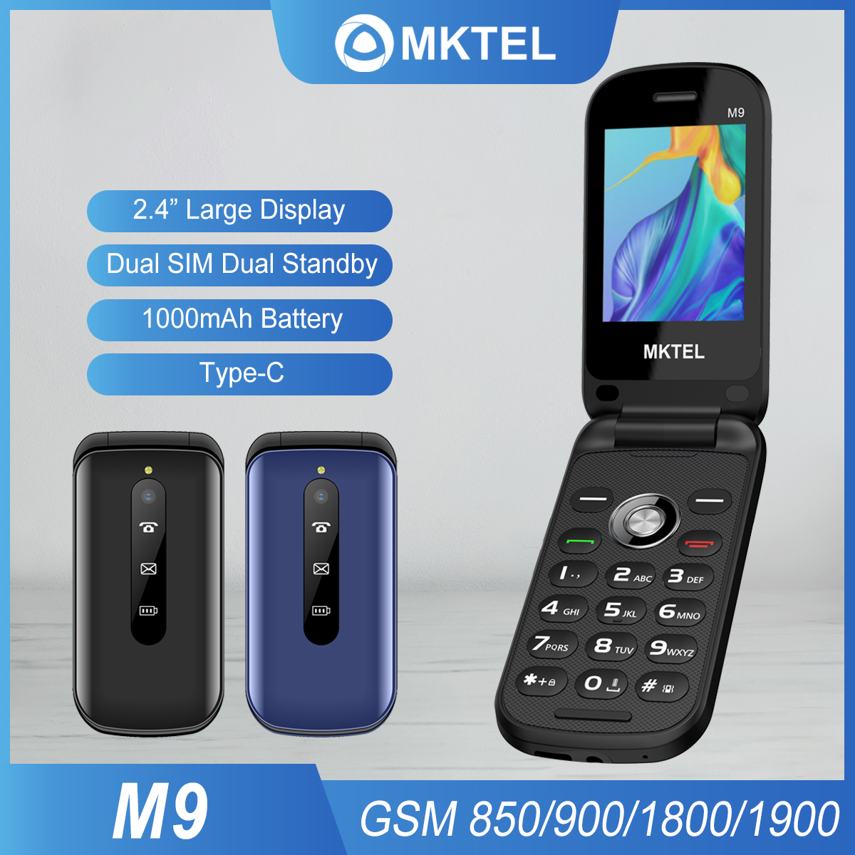 MKTEL M9 Flip Mobile Phone 2G 2.4" Display 1000mAh Battery Dual SIM Dual Standby MP3/MP4/FM Radio Unlocked Elderly Feature Phone