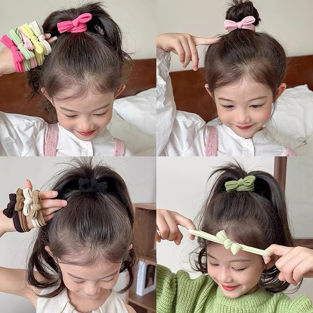 5 unids/set de coleteros con lazo, cuerda para el cabello para niños, Color sólido, sin daños, soporte elástico para cola de caballo, banda de goma, sombreros para niñas pequeñas