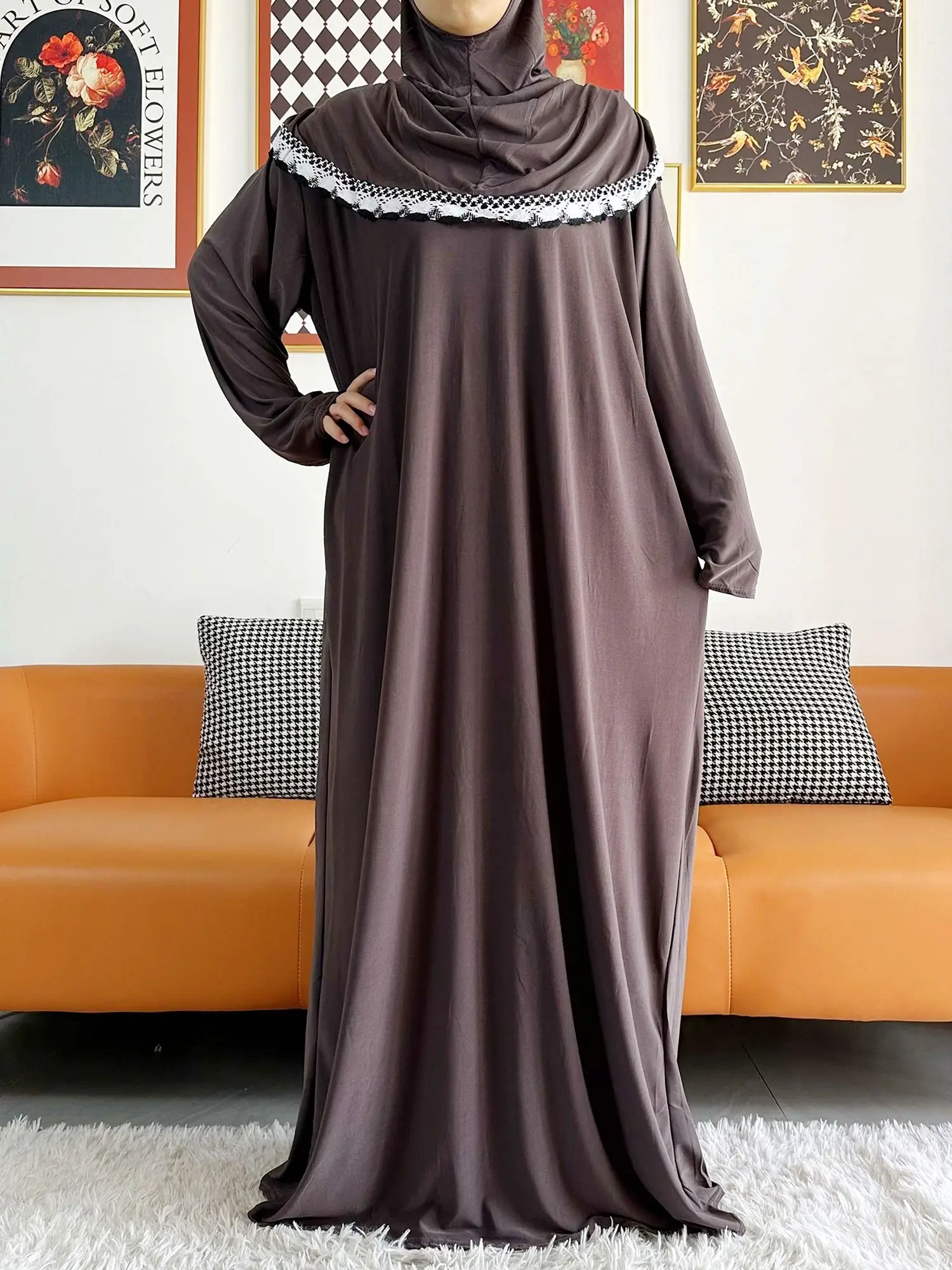 2023 イスラム教徒固体綿アバヤ女性のためのラマダン祈り衣服ジョイント帽子ドバイトルコ中東ファムローブ花ルーズドレス
