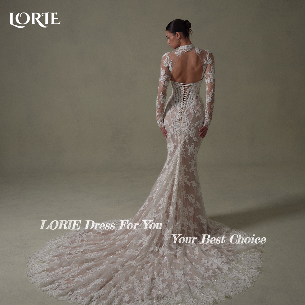 LORIE Vintage Spitze Meerjungfrau Hochzeit Kleid Sexy Hohe Kragen Langarm Braut Party Kleid Backless Prinzessin Braut Kleid Angepasst