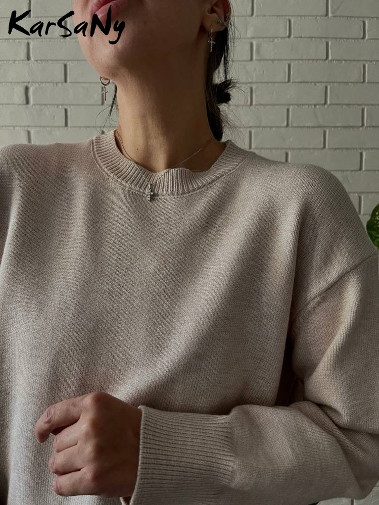 หนาBasicเสื้อกันหนาวผู้หญิง2024ฤดูใบไม้ร่วงOversize Royal BlueถักหลวมPullover Warm O-คอเสื้อกันหนาวผู้หญิงถักจัมเปอร์