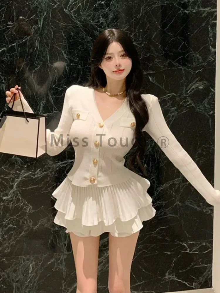 Inverno elegante de malha conjunto de duas peças feminino com decote em v camisola topos + saia bolo feminino casual moda coreana magro vintage conjunto 2024 novo