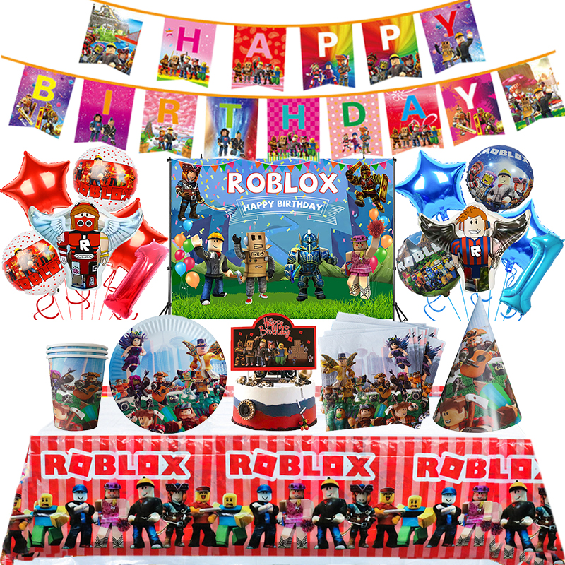Roblox 誕生日パーティーの装飾サプライヤー Roblox ゲームお祝いパーティーバルーン使い捨て食器カッププレートベビーシャワーのおもちゃ