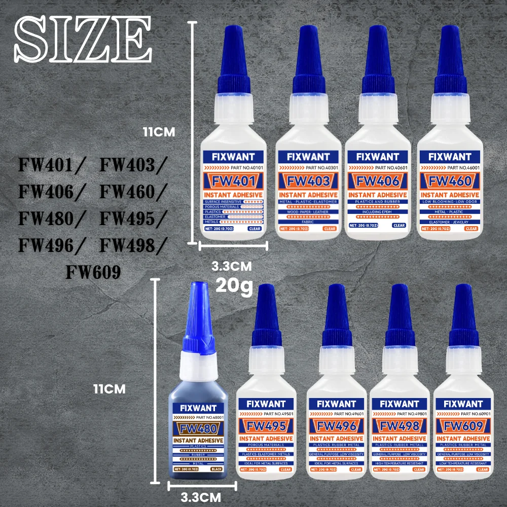 Instant Adhesive FW401/ 403/ 406/ 454/ 460/ 480/ 495/ 496/ 498/ 609 Super Glue Extra Strong Multi-purpose Cyanoacrylate
