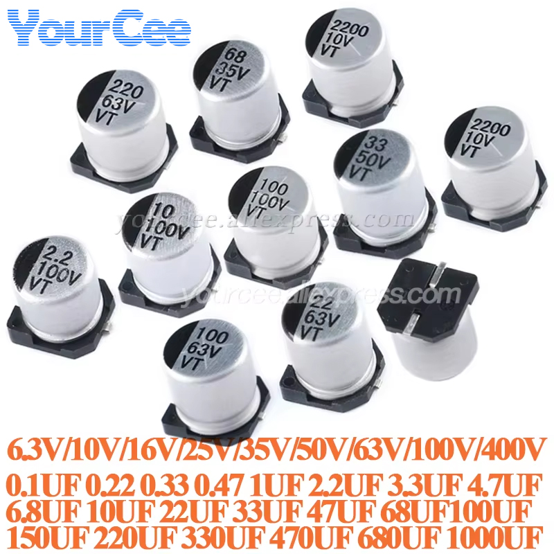 50 uds/10 Uds SMD condensador electrolítico de aluminio 6,3 V 10V 16V 25V 35V 50V 63V 100V 400V 1UF 4,7UF 10UF 47UF 100UF 470 680 1000UF