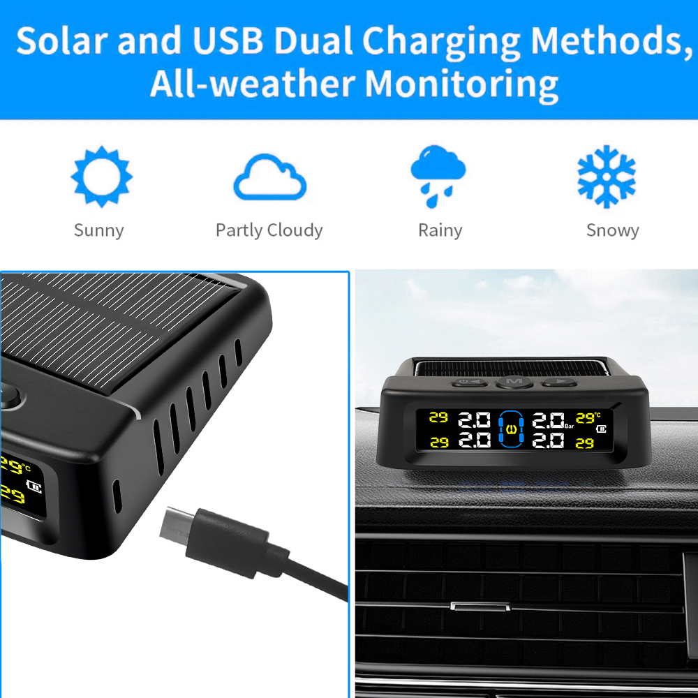 Solar Power TPMS Car Tire Pressure Alarm Monitor Intelligent Auto Security Alarm Digital Tyre Pressure Temperature Warning