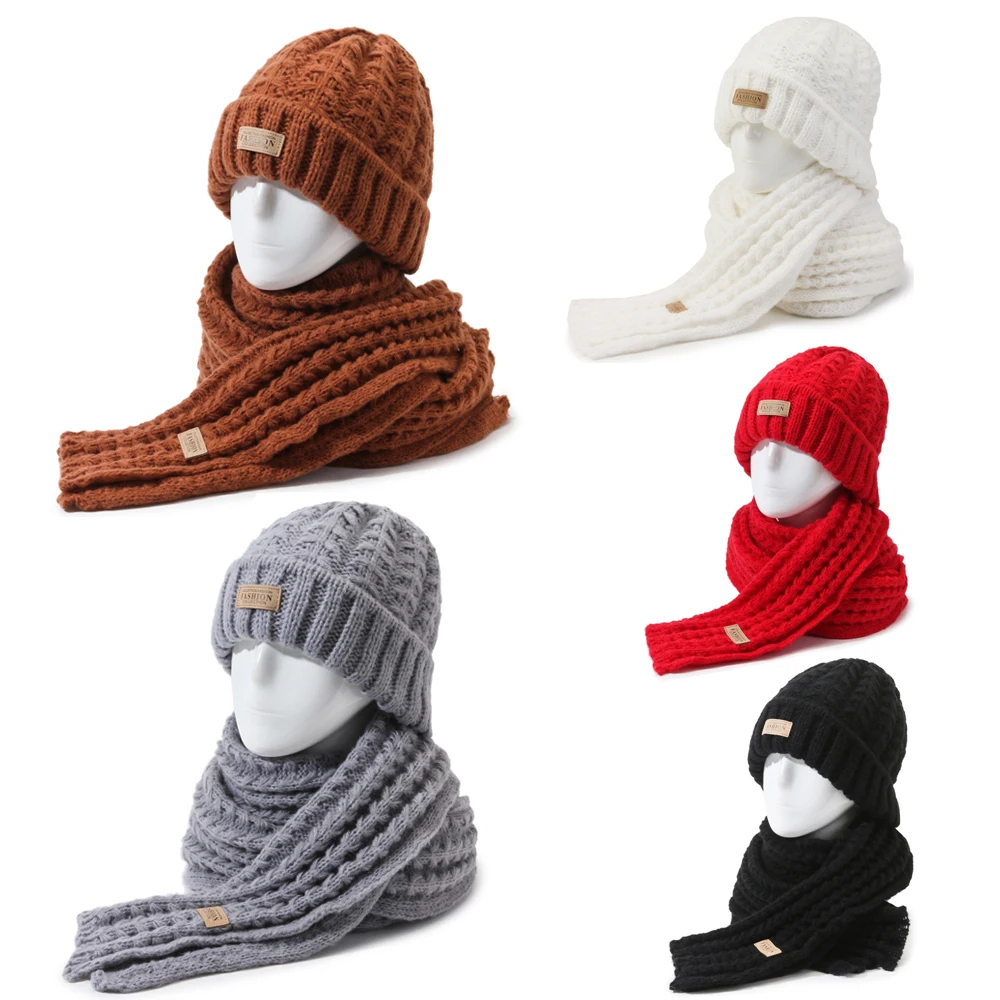 2Pcs Winter Hut Schal Set Frauen Gestrickte Beanie Anzug Weihnachten Teenager Mädchen Kappe Warme Ohren Hals Männer Beanies schal Neue Jahr Geschenk