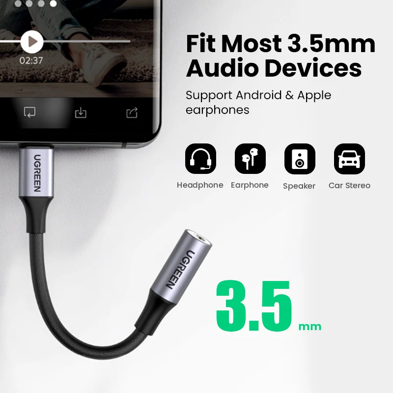 UGREEN USB Loại C Đến 3.5Mm Tai Nghe USB C Cáp USB C Đến 3.5 Tai Nghe Adapter Cáp Âm Thanh Cho xiaomi Mi10 HUAWEI P30 Oneplus 9