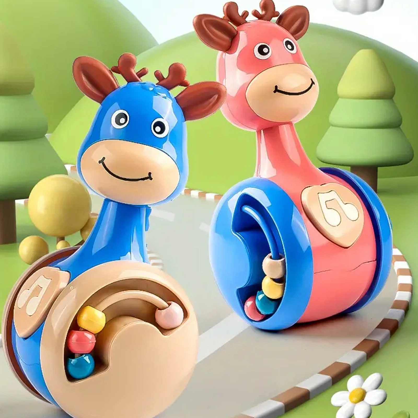 Sliding Deer Baby Tumbler Rattle Learning Education Toys Newborn Teether Infant Hand Bell Mobile Press Squeaky Roly-Poly Toy