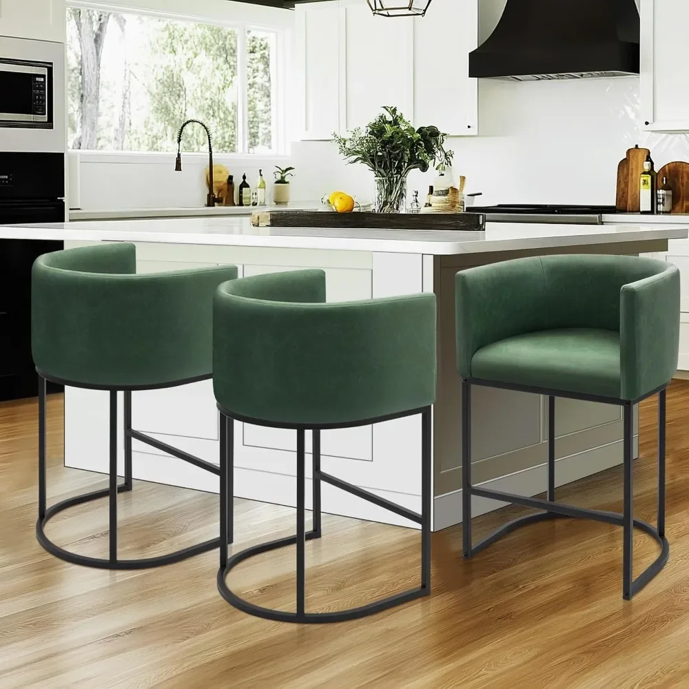 26" H Counter Height Bar Stools Set of 3, Modern Barrel Counter Stools with Backrest and Arms, Faux Leather Upholstered Accent