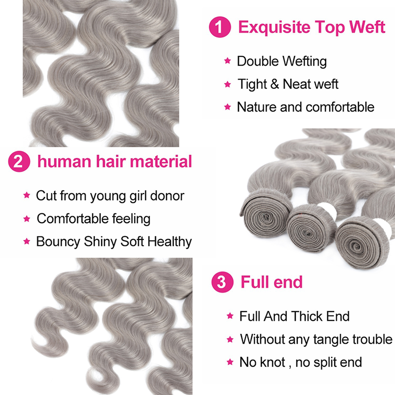 มัดผมลอน3มัดพร้อมแผ่นปิดผมสีเทาแบบบราซิลเลี่ยนมี100% มัดผมมนุษย์สีเทา