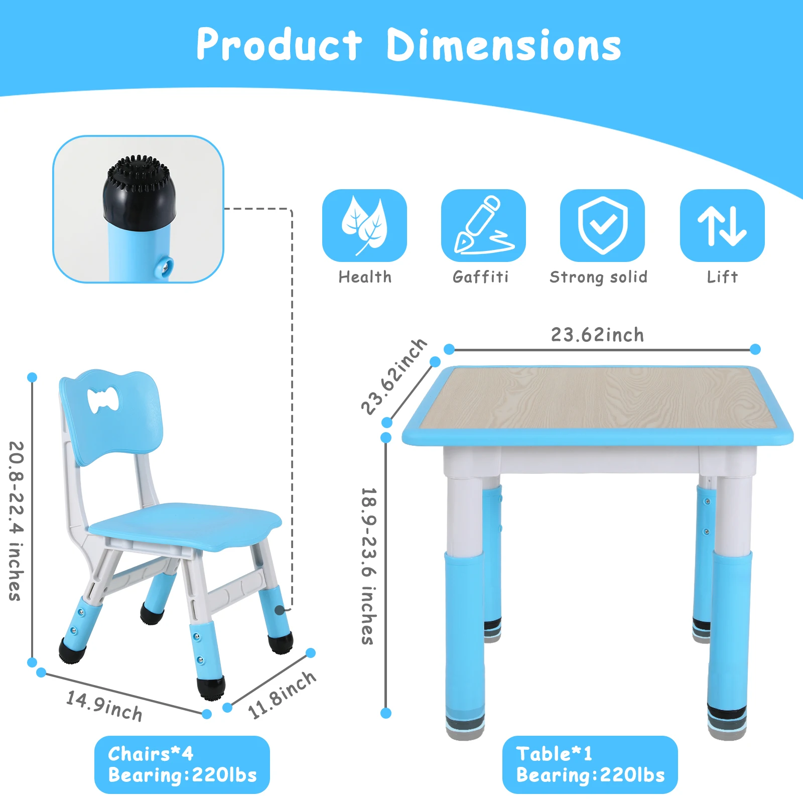 AOOU Kids Table and 4 Chairs Set, Height Adjustable Toddler Study Table Set, Multi-Activity Art Table Graffiti Desktop Age 2-10
