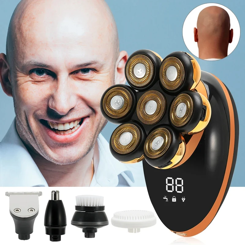 ผู้ชาย 7D ลอยเครื่องโกนหนวดไฟฟ้าเปียกเคราแห้งผม Trimmer มีดโกนหนวดไฟฟ้าแบบชาร์จไฟได้หัวล้านหัวโกนจอแสดงผล LCD