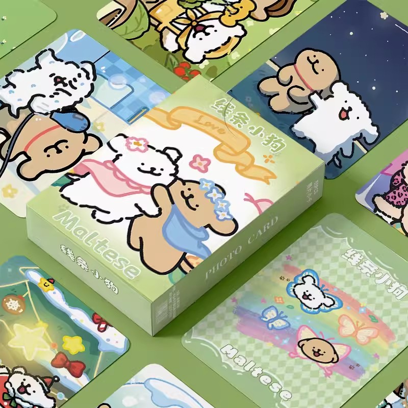 การ์ดโลโมเลเซอร์สำหรับลูกสุนัขแบบมอลตาขนาด55ชิ้น/เซ็ตโปสการ์ดขนาดเล็กรูปสุนัขน่ารักพร้อมของขวัญคอลเลกชันสำหรับเป็นของขวัญ