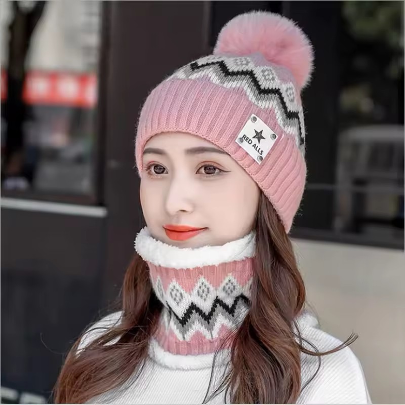 2pcs Winter Cashmere Lined Warm Neck Hat Combination Portable Windproof Ear Protection Hat Knit Printed Versatile Set Accessory