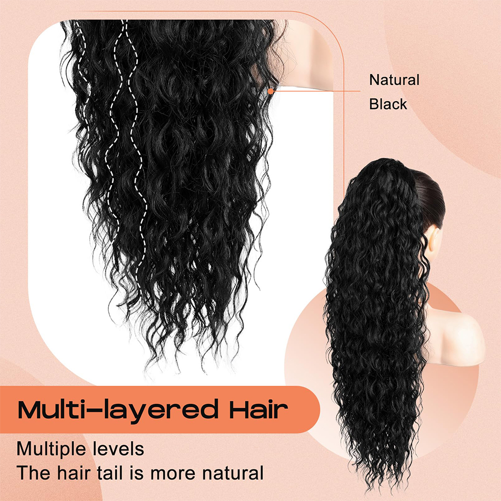 Extensão de rabo de cavalo com cordão de 36 polegadas, sintético, preto, longo, leve, natural, encaracolado, cauda falsa, multi camadas