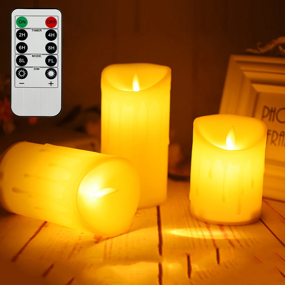 Velas parpadeantes sin llama para exteriores e interiores, 3 unidades/juego, velas LED con Control remoto, vela de Pascua, iluminación decorativa para boda