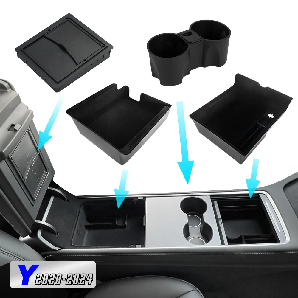 Caja de almacenamiento oculta para Tesla Model Y 2020-2024, reposabrazos para consola central de coche, capa de flocado delantera y trasera, contenedor deslizante