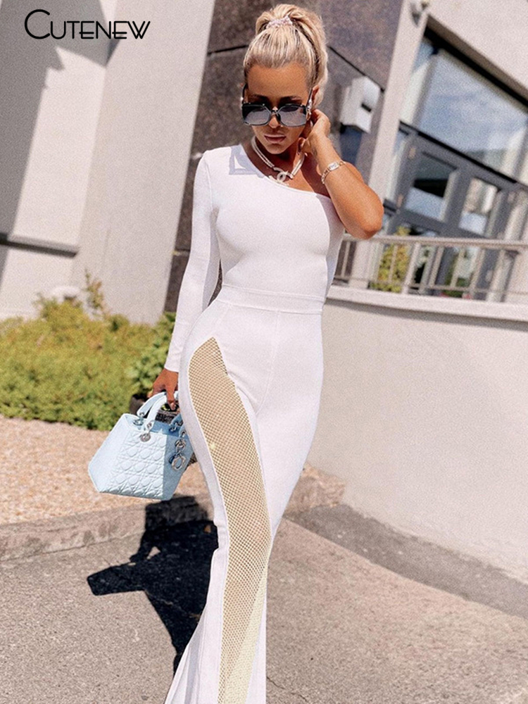 Cutenew セクシーなメッシュパッチワークワンショルダーロンパース女性エレガントな固体スキニーフレアパンツジャンプスーツファッションレディパーティーストリート