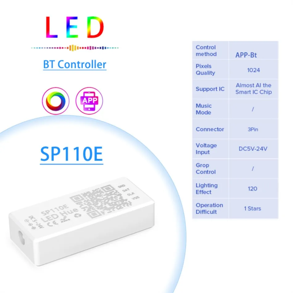 SP110E Controller RGB Bluetooth Smart APP 5V 12V 24V 1024 Pixel per WS2811 WS2812B APA102 SK6812 SPI Luce di striscia LED indirizzabile