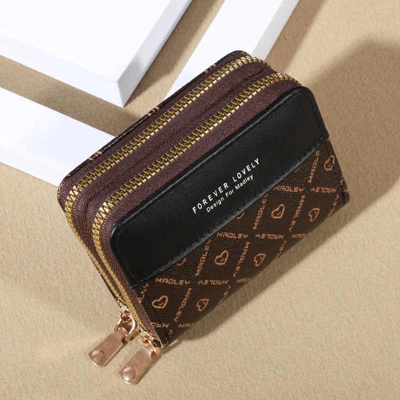 Mini portafoglio con protezione RFID-Chic in ecopelle con doppia cerniera, più slot per schede e tasca antiscivolo, pochette classica compatta