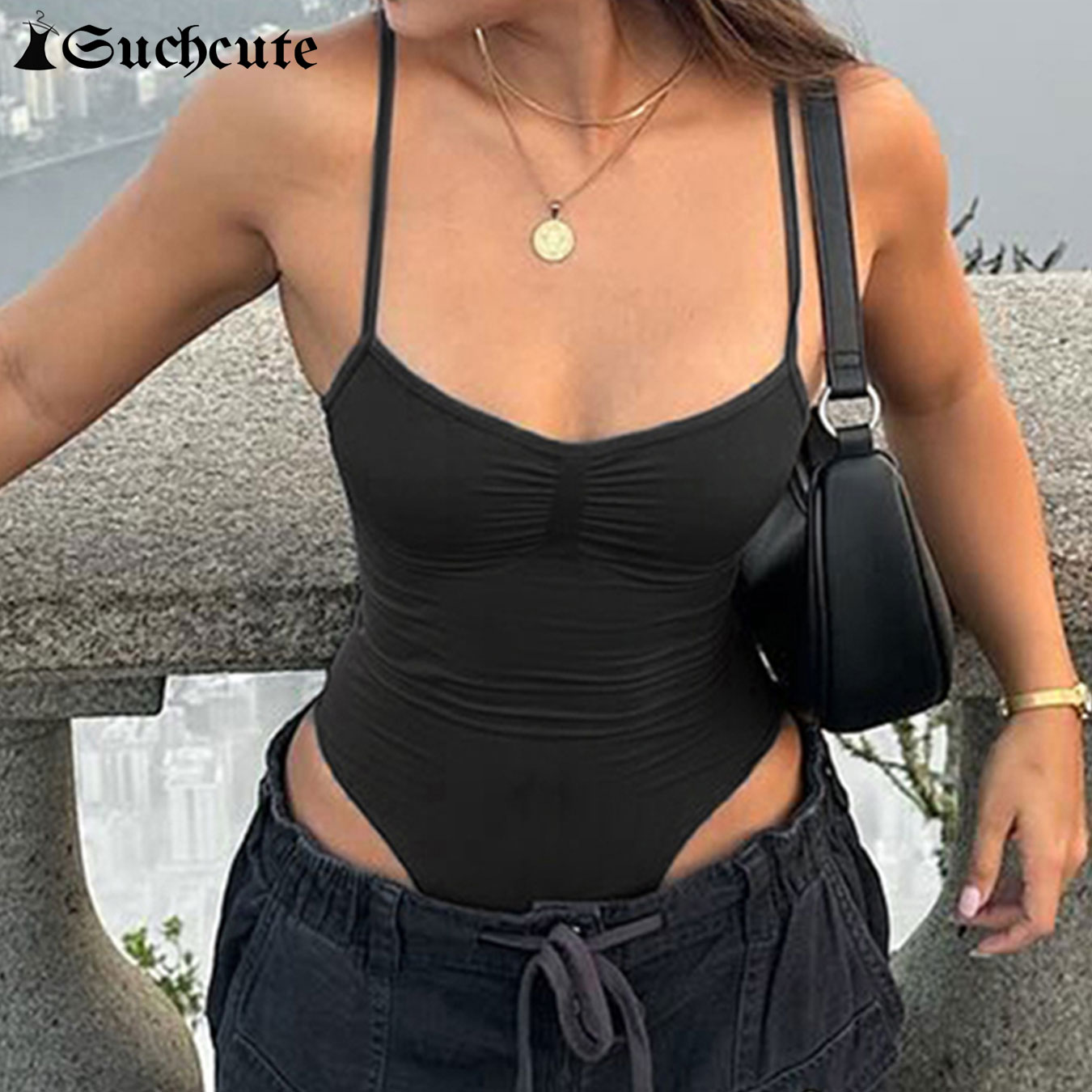 SUCHCUTE Sexy Spaghetti Strap Body per le donne Nero Aderente Senza maniche Tuta Clubwear Vestito intero Y2K 2000s Abiti Nuovo