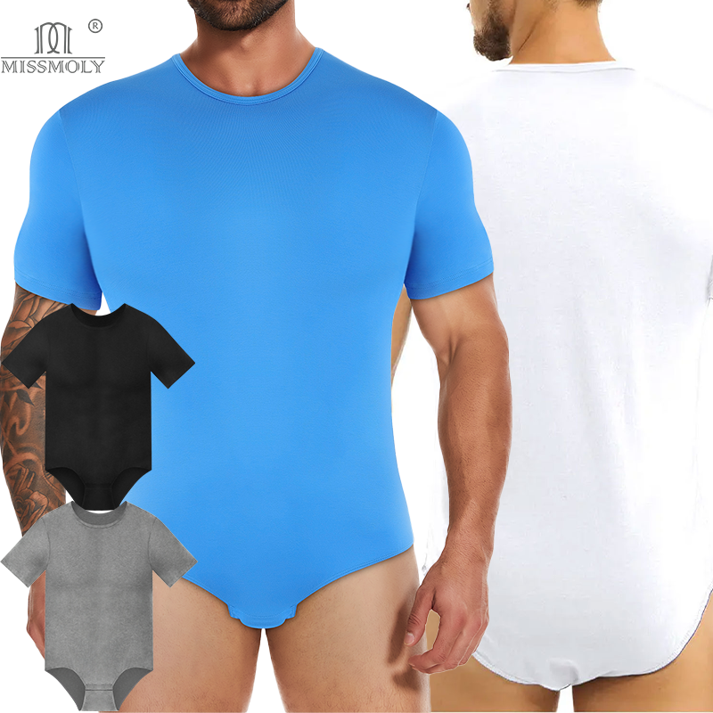 Мужское боди с короткими рукавами, корректирующее белье на пуговицах в промежности, одежда для сна, трико с круглым вырезом, майка, повседневный узкий дышащий комбинезон