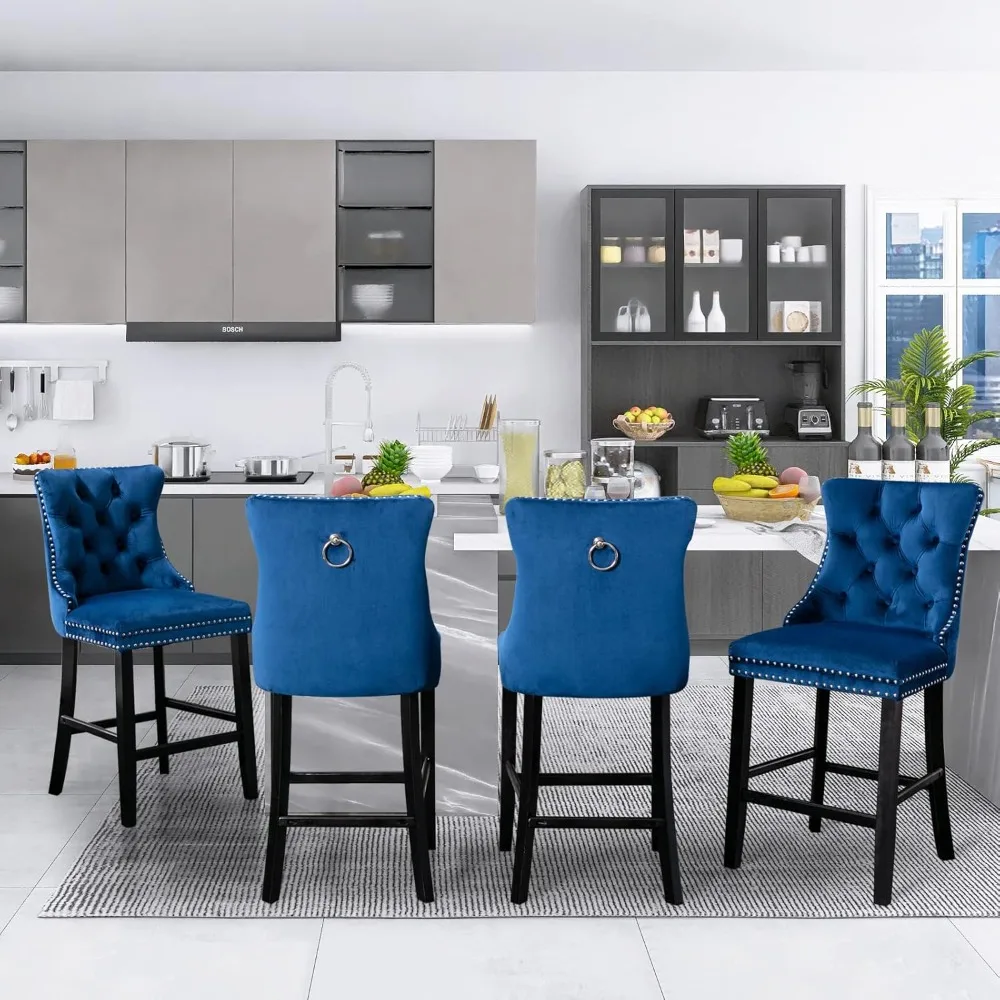 Modern Velvet Upholstered Bar Stools Set of 4 with Wood Legs, Button Tufted,Chrome Nailhead, Counterstool Seat, Armless