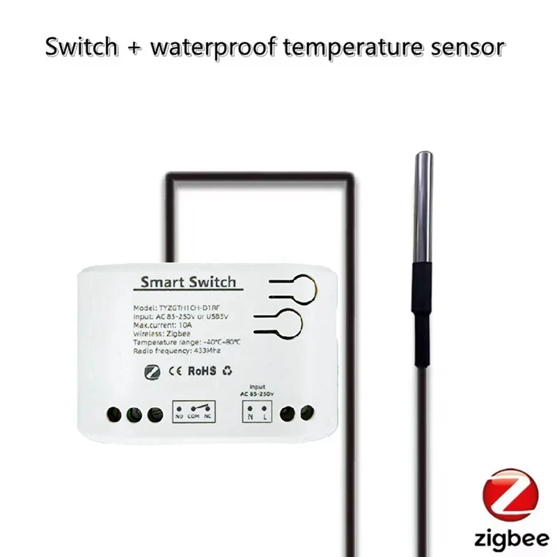 Interruptor Zigbee inteligente Tuya con Sensor de temperatura, relé Zigbee de contacto seco pasivo, funciona con AC85-250V asistente doméstico, 2 uds.