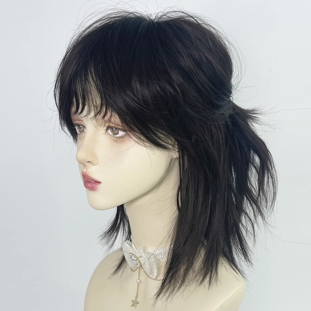 Kurze Vokuhila-Kopf-Perücken mit Pony, synthetische, gerade Anime-Männer, schwarz, grau, grünes Haar, Perücke für tägliches Party-Cosplay