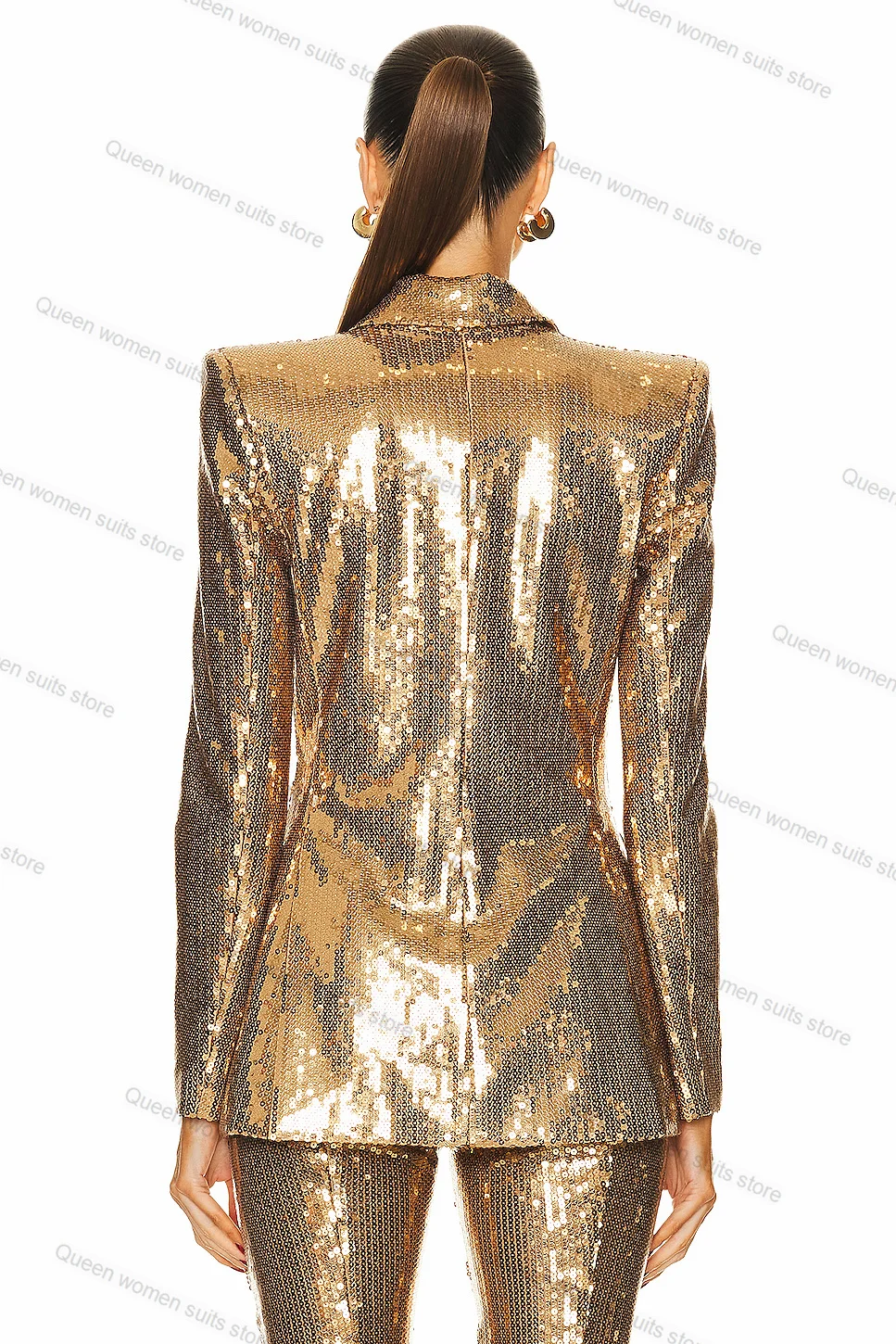 Golden Sequins ผู้หญิงชุดกางเกงชุด 2 ชิ้นเสื้อ + กางเกงหรูหรางานแต่งงาน Tuxedo อย่างเป็นทางการ Office Lady เสื้อขนาดที่กําหนดเอง