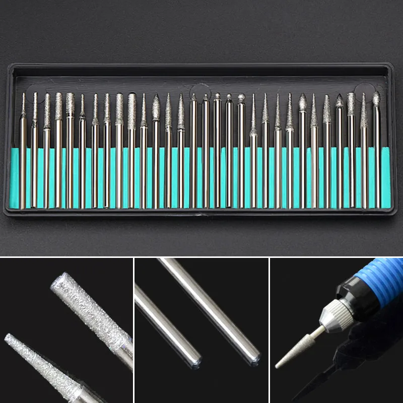 30pcs/lot Shank Diamond Burs Set With Box For Electric Grinder Power Accessories Abrasive Drill Bit Rotary Tool Sets 2.35mm