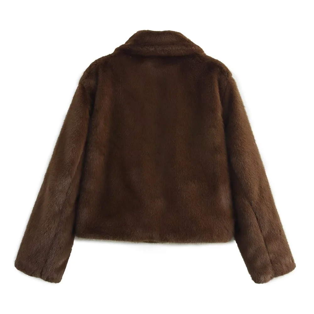 Loose lapel button embellished brown long sleeved jacket for women's autumn and winter collection