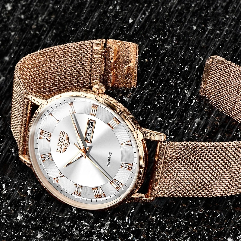 Marca LIGE, reloj de lujo a la moda para mujer, resistente al agua, correa de malla de acero y oro rosa, relojes de pulsera para mujer, relojes de pulsera, reloj femenino